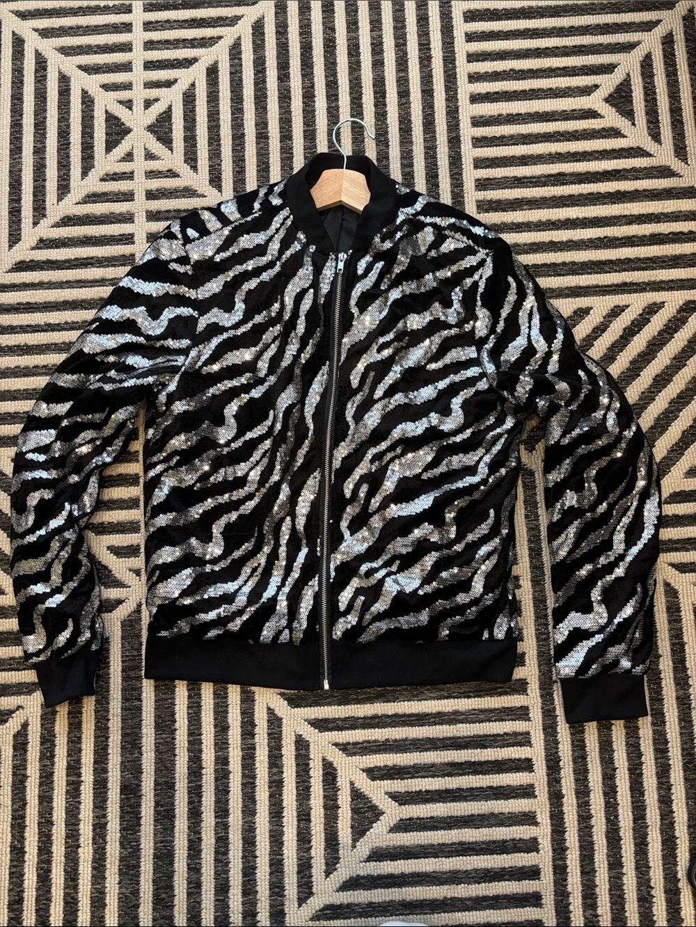 Sequin Zebra-Stripe Bomber Jacket - Black & Silver